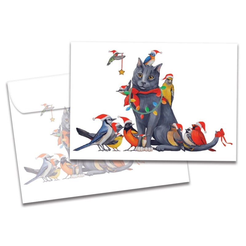 Tree-Free Greetings Cat Bird Christmas Cards - 10 Recycled 5x7 Cards & Matching Envelopes, Thick Cardstock, Made in USA - Whimsical Wildlife Scene - Image 1